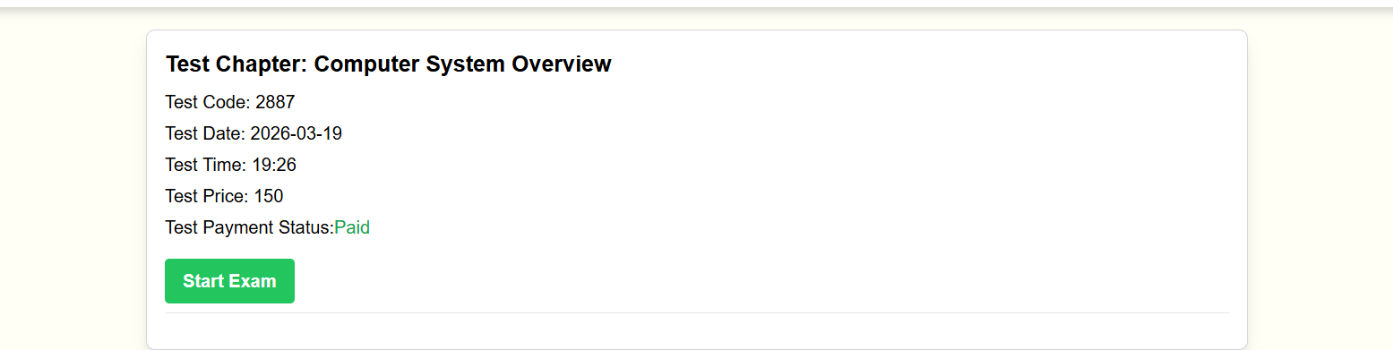 Exam confirmation screen with test details, payment status, and start button