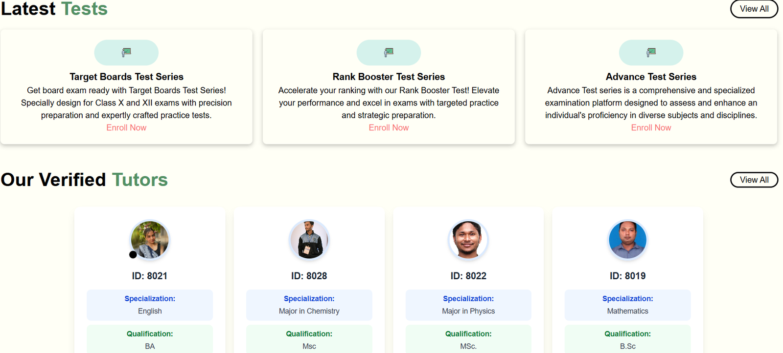 FindTutor — latest test series and verified tutors listing with search