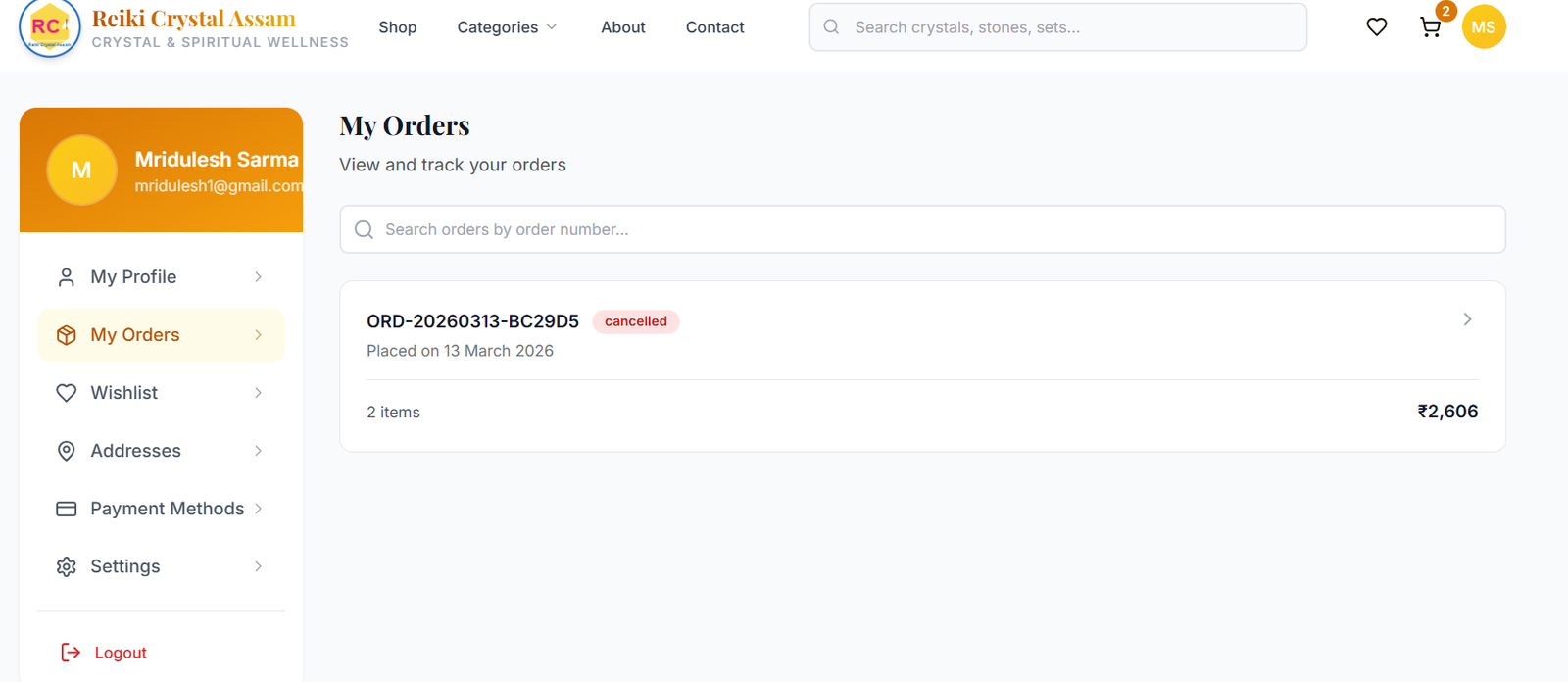 User dashboard with order history, wishlist, and account management
