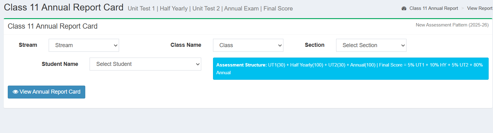 Report card portal — stream, class, section and student selection interface